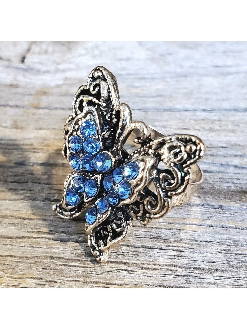 Vintage Y2K 90s Blue Crystal Butterfly Silver Adjustable Cocktail Ring